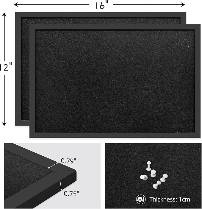 2-Pack 12"x16" Black Framed Black Linen Bulletin Board, Framed Pin Board | Linen corkboard texture. Premium cork boards for walls and pin board office organizer.