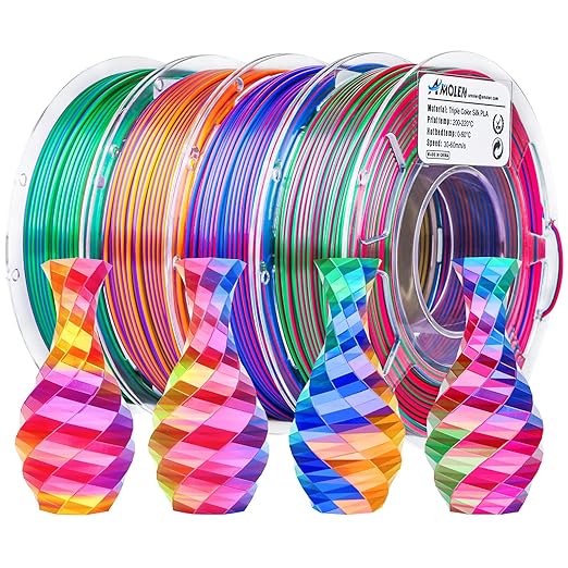 AMOLEN 3D Printer Filament Bundle, Triple Colors Coextrusion Silk PLA Filament 1.75mm +/-0.02mm,Shiny Color Change 3D Printer Filament for Most FDM 3D Printer 200g X 4 Pack