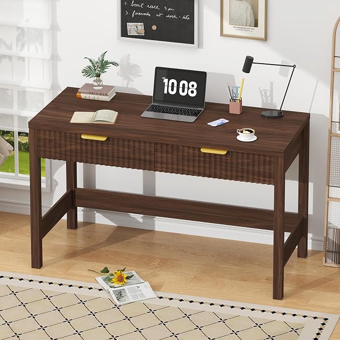 47 Inch Small Fluted Computer Desk with 2 Drawers for Bedroom, Home Office | Small Computer Desk with Storage, Compact Writing Study Desk for Small Spaces, Walnut