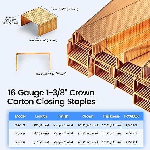 meite Carton Closing Staples 16 Gauge 1-3/8" Wide Crown 5/8" Leg Copper-Coated Carton Staples for Pneumatic or Manual Box Stapler Gun - Cardboard Closer Packaging (4,000PCS)