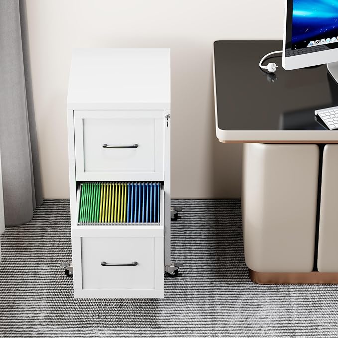 2-Drawer Rolling Metal File Cabinet with Lock, Narrow, White | Mobile metal filing cabinet with casters; rails fit Letter, Legal and A4 folders, one lock secures both drawers