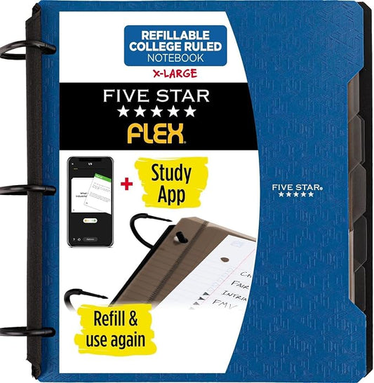 Five Star Flex Refillable Notebook + Study App, College Ruled Paper and 1-1/2 Inch TechLock Ring Binder with Pockets, Tabs and Dividers, 300 Sheet Capacity, Pacific Blue (29324AD2) (Pack of 6)