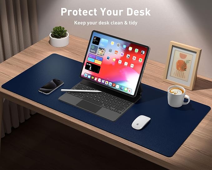 Aothia Leather Desk Pad Protector, Mouse Pad, Office Desk Mat, Non-Slip PU Leather Desk Blotter, Laptop Desk Pad, Waterproof Desk Writing Pad for Office and Home(Dark Blue,31.5" x 15.7") (Pack of 2)