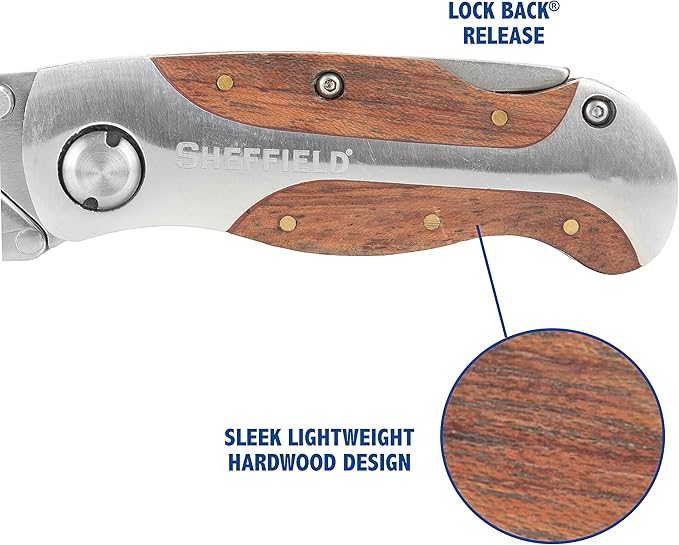 Sheffield 12525 Premium Lock Back Utility Knife 2 Pack, Stocking Stuffers, Gifts for Men, Dad Gifts, Box Cutter Knife, Carpet Knife, Drywall Cutter, Quick Change Blade, Aluminum and Wood Handle