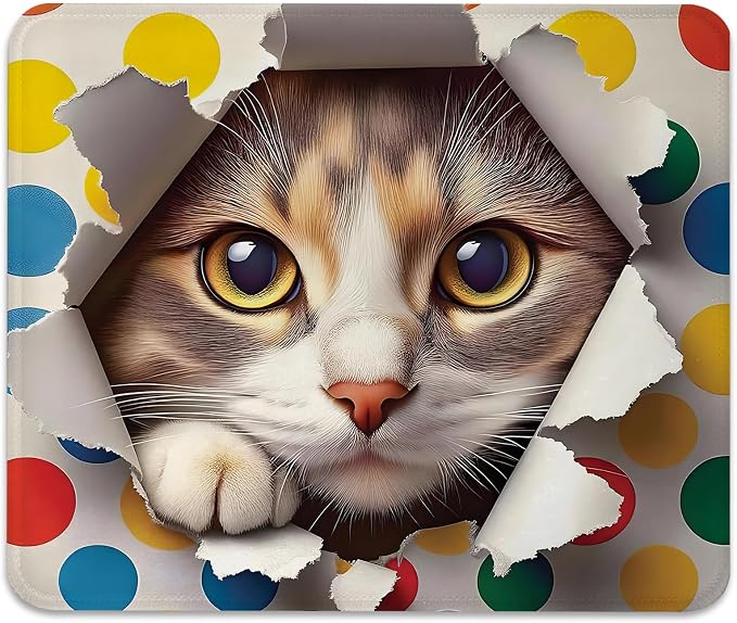 Naughty Cat Mouse Pad, Funny Kitty Peaking Through a Torn Desk Mat | Pet and Colorful Polka Dots Print Design, Cute Mousepad Stitched, Anti-Slip Base Smooth Surface, 9.5 x 7.9 Inch