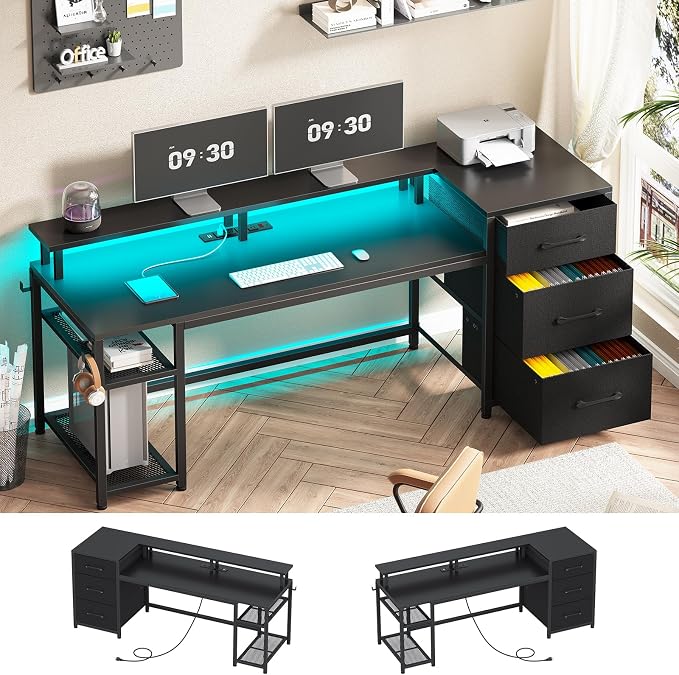 SEDETA 59" Office Desk with Drawers, Reversible Computer Desk with File Drawers & Storage, Gaming Desk with LED Lights & Power Outlet, Home Office Desks for Printer, Black