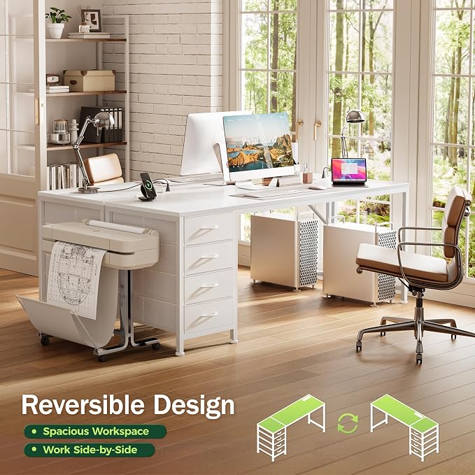 63 Inch Computer Office Desk with Power Outelts and USB-C Port, Reversible Gaming Desk with 4 Fabric Drawers, Work Study Desk Work from Home, White