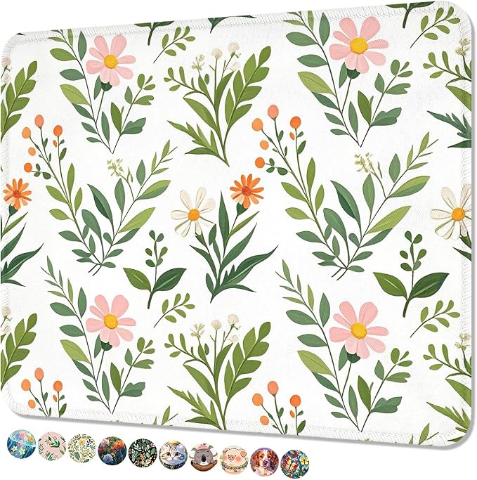 Mouse Pad, Cute Mouse Mat, 10" x 8", Cute Green Leaf -03 | Square Waterproof Gaming Computer Mat, Textured Top, Stitched Edges, Non-Slip Rubber Base for Office Home Laptop Keyboard