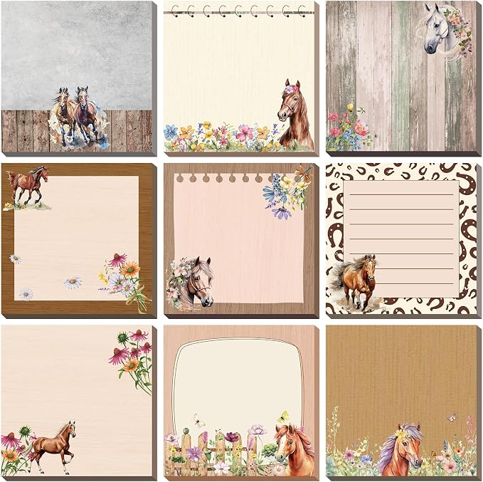 9 Pads Horse Sticky Notes, 3x3 Inch Cute Stick Notepads | Adhesive Memo Notes Pad, Coworker Gifts, Office Supplies Decor, Desk Accessories for Students, Teacher, Meeting