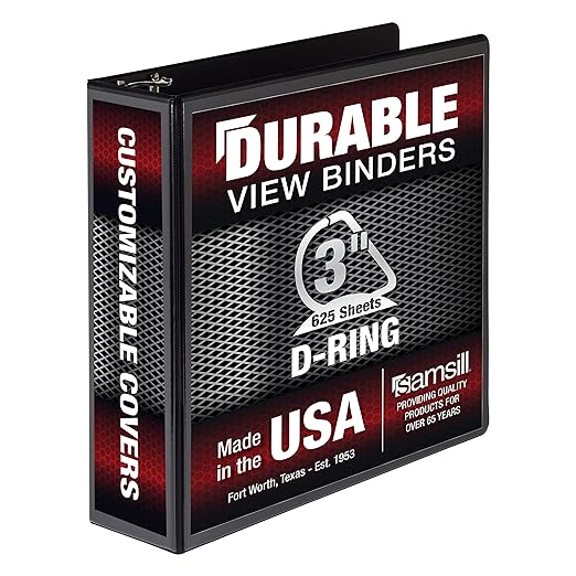 Samsill Durable 3 inch 3 Ring Binder, D Ring Binder, 100% Recycled Chipboard, Black