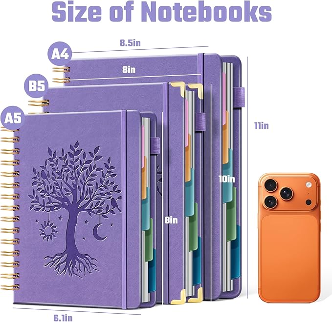 Hardcover Spiral Notebook 8" x 10" with 5 Removable Dividers 300 Pages Leather 5 Subject Notebook College Ruled 100GSM Large Spiral Notebooks for Work Thick Lined Journal for Women, Purple