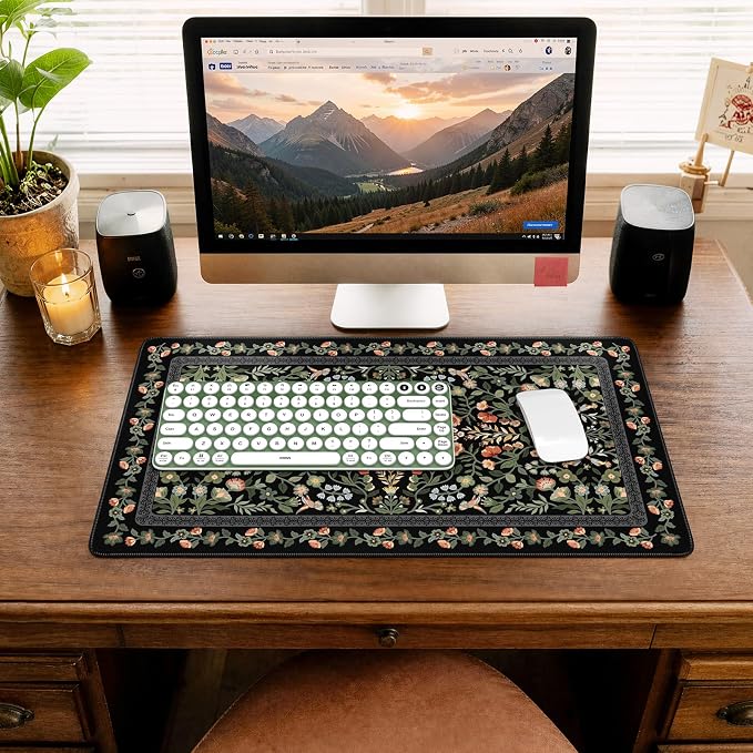 iCasso Aesthetic Mouse Pad,23.6x13.7in Desk Pad, Black Flower | Vintage Desk Matt for Desktop, Anti-Slip Mousepad with Stitched Edges for Laptop Computer Keyboard