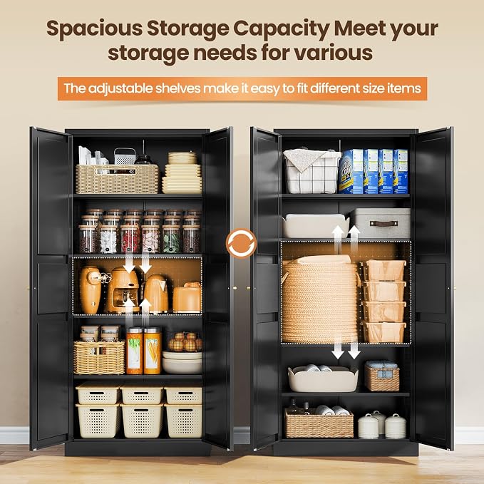 Metal Storage Cabinet with 2 Doors and 4 Adjustable Shelves - 71" Black Kitchen Pantry Storage Cabinet, 4-Tier Tall Steel Cabinet Locker for Kitchen, Living Room, Dining Room
