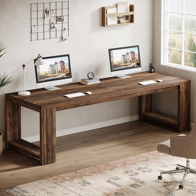 Tribesigns 2 Person Desk Set of 2, 86.6 Inches Extra Long Desk, Two People Computer Writing Table, All Wood Large Desks Workstation for Home Office, Rustic Brown