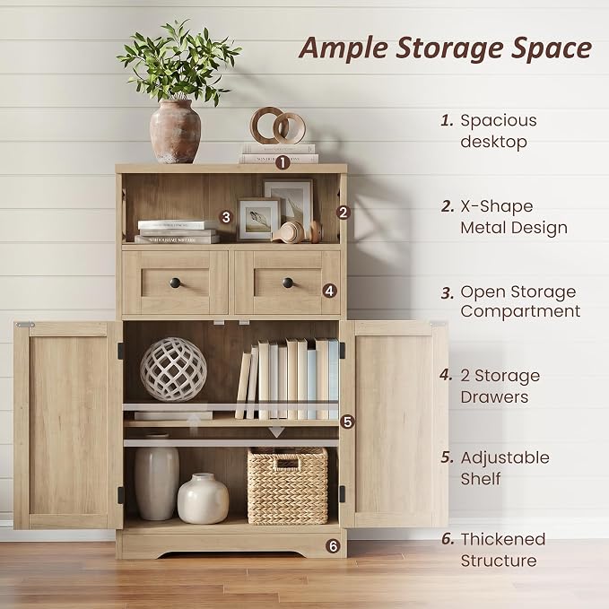 Farmhouse Accent Storage Cabinet with Drawers, Small Kitchen Pantry Cabinet | Coffee Bar Cabinet Cupboard, 2 Storage Drawers, 2 Barn Doors & Adjustable Shelves, for Kitchen/Entryway/Living Room/Bathroom