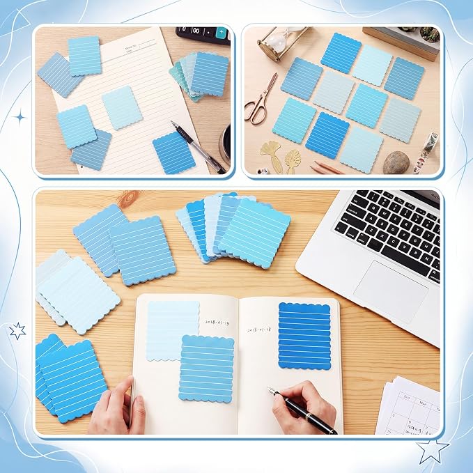 Epakh 10 Pack Scalloped Line Sticky Notes, Gradient Blue Pads, 3 x 4 Inch | 300 Sheets, Small Notes Pads, Thick Note Pads, Strong Adhesive, Back to School Office Supplies