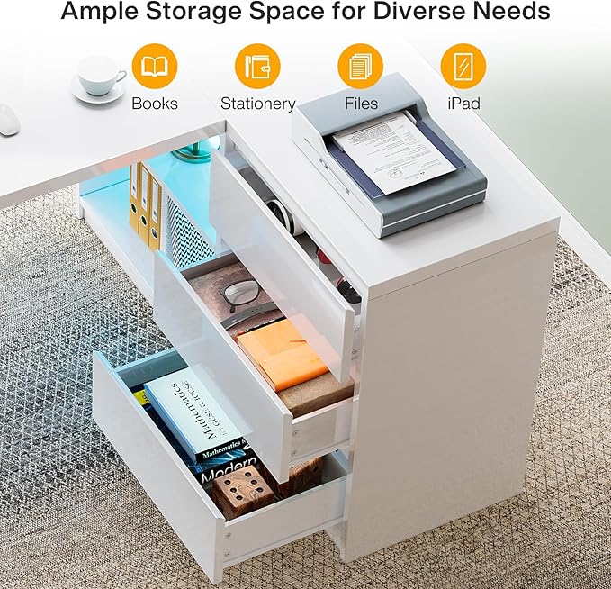 Tribesigns White L-Shaped Computer Desk with 3 Drawers, 55-Inch Modern Gloss Corner Home Office Executive Desk with LED Lights and 2 Storage Shelves for Work Study Writing