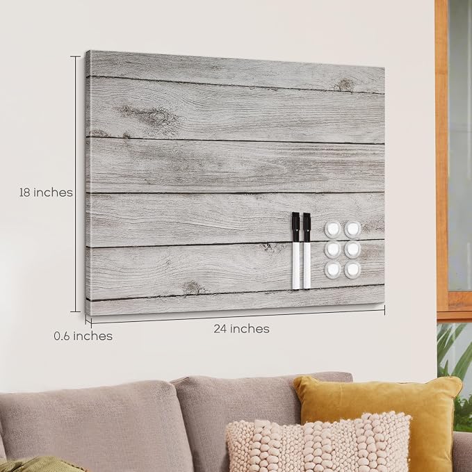 Decorative Magnetic Board for Wall, 24''x18'' Dry Erase Board, Gray Wood | Magnet Board, Display Board, Wall Mounted, for Home, Office, Kitchen, 2 Markers, 6 Magnets