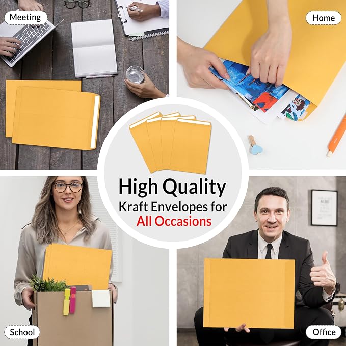 SUNEE 9 x12 Manilla Envelopes, 28lb Brown Kraft, Ultra Strong Quick-Seal Security Catalog Mailing Envelopes for Flat Letter Size Documents or Photos, 100 Count