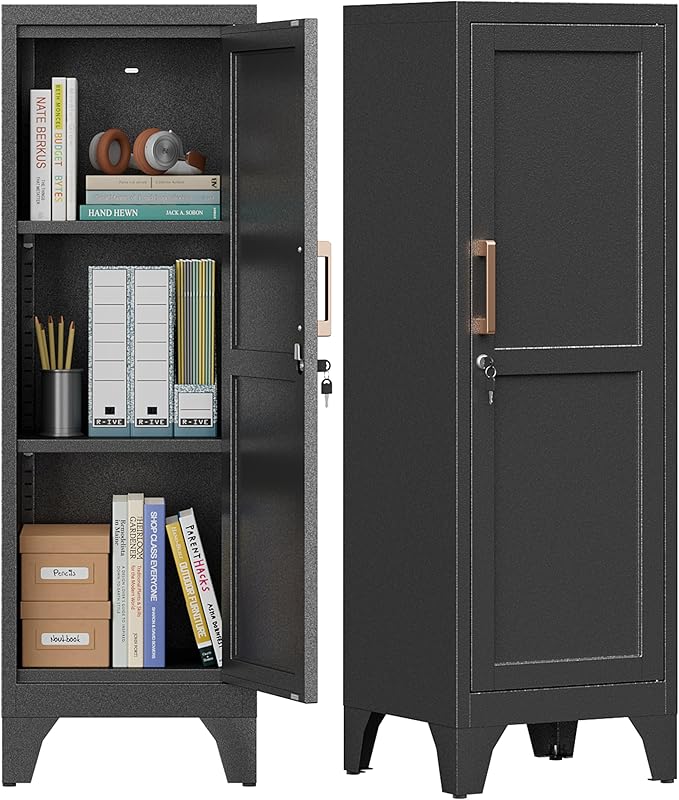 46"H Black Metal Locker with 1 Lockable Door and 2 Adjustable Shelves For Employees, 3 Tier Small Storage Cabinet with Detachable Legs and Vintage Handle for Kitchen,Office,Gym,School,Easy Assembly