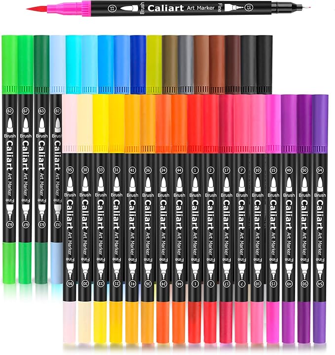Caliart 34 Double Tip Brush Pens Art Markers for Adult Coloring Books | Artist Fine & Brush Coloring Markers for Journaling Calligraphy Lettering Planners Drawing Teacher Office Art Supplies