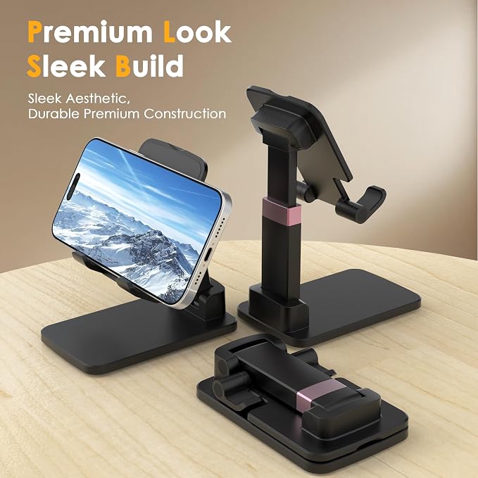Cell Phone Stand for Desk, Adjustable Height & Angle Phone Holder, Foldable Portable Stand with Anti-Slip Silicone Pad, Compatible with iPhone and All Smartphones 4–8 Inch, Black