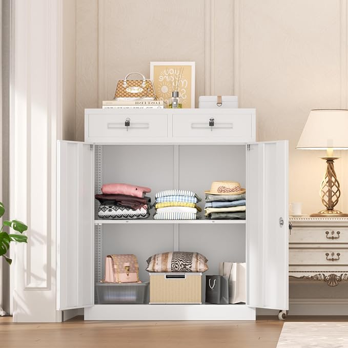 Metal Garage Storage Cabinets with Lock,Steel Storage Cabinet with Drawer and 2 Adjustable Shelves, Small Lockable Office Steel Cabinet for Home, Warehouse, School, White