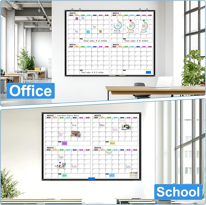 Calendar Whiteboard for Wall 48" x 36", 4 Month Dry Erase Calendar | Magnetic Dry Erase Calendar for Wall, Black Aluminum Frame, Dry Erase Board for Home School and Office Organization