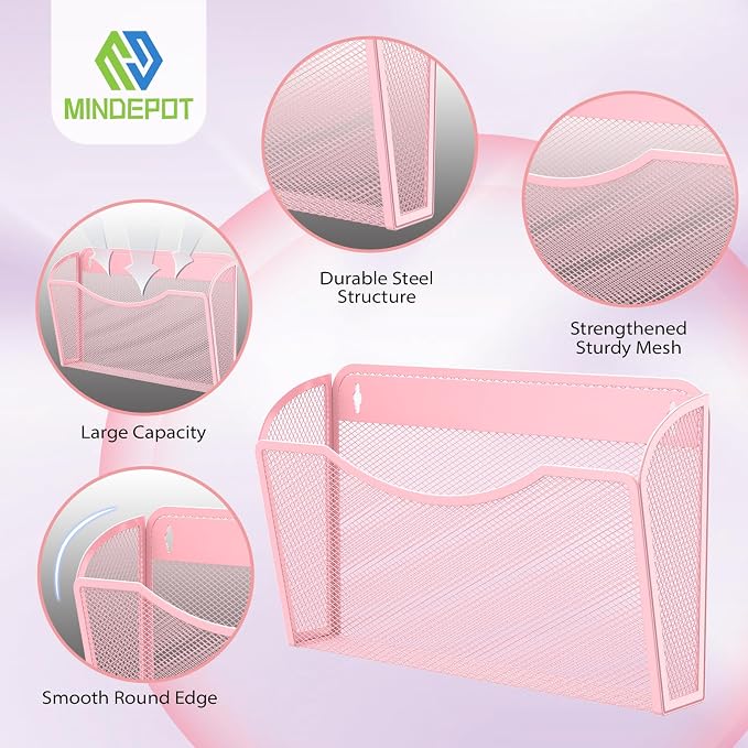 MINDEPOT Wall File Organizer, Hanging Wall File Holder, 1 Pack, Pink | Heavy Duty Iron, Metal Mesh Wall Mount, Single Pocket, Mail Organizer, for Office School Classroom Home, Letter A4 Size