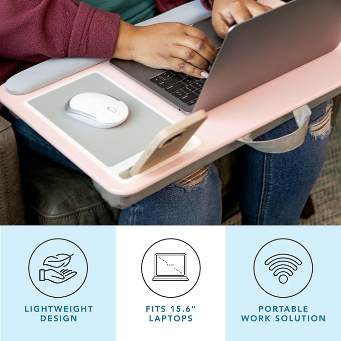 LAPGEAR Home Office Pro Lap Desk – Pink, Fits 15.6” Laptops | Built-In Mouse Pad & Phone Slot, Wide Cushioned Wrist Rest, Dual-Bolster Microbead Cushion, Carry Handle