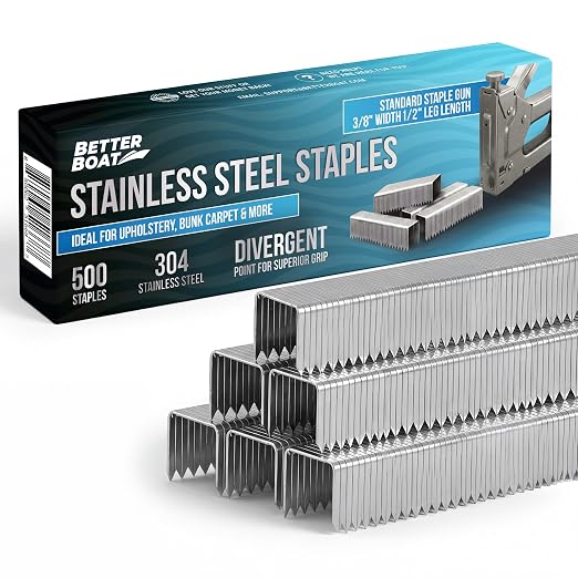 Better Boat Type T50 Stainless Steel Staples for Staple Gun, Heavy Duty | Staples Pack, Bunk Carpet, Upholstery Compatible with T-50 Staple Guns 3/8" width crown, 500 Pack 1/2" Leg