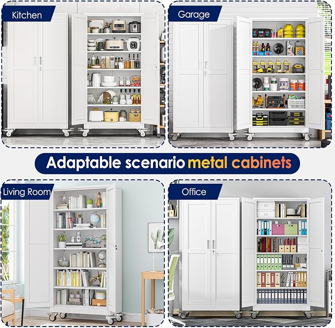 erosoei 74" H Metal Garage Storage Cabinet, Rolling Tool Cabinet with 2 Doors and Wheels, Locker Steel Cabinet with 5 Adjustable Shelves, Organization Cabinet for Garage,Office,Home,Gym,School（White）