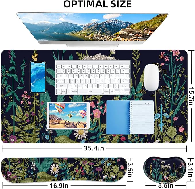 Large Mouse Pad with Wrist Rest, 4-in-1 Wrist Rest for Keyboard and Mouse | Non-Slip Waterproof Desk Mat Set, 35.4"x15.7" Desk Mat+Keyboard Wrist Rest+Mouse Wrist Support+Cup Coaster for Home Office