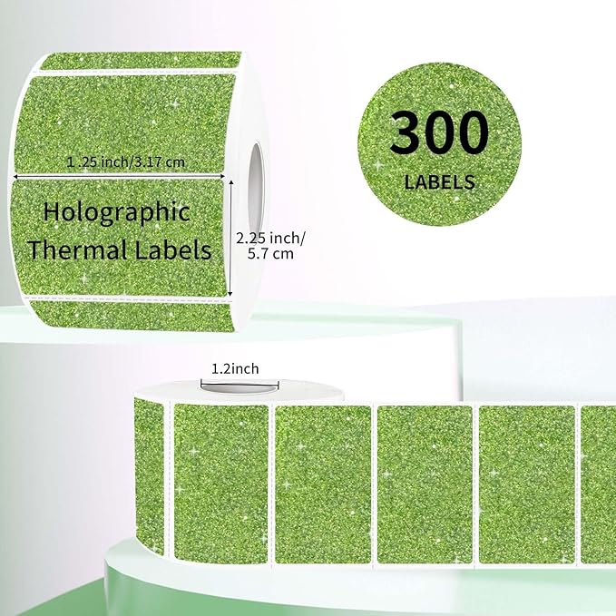 2.25"x1.25" Holographic Thermal Labels Stickers, Glitter Direct Thermal Printer Labels, Waterproof Address Shipping Label Stickers, 300 Sheet/ 1 Roll, Shiny Green