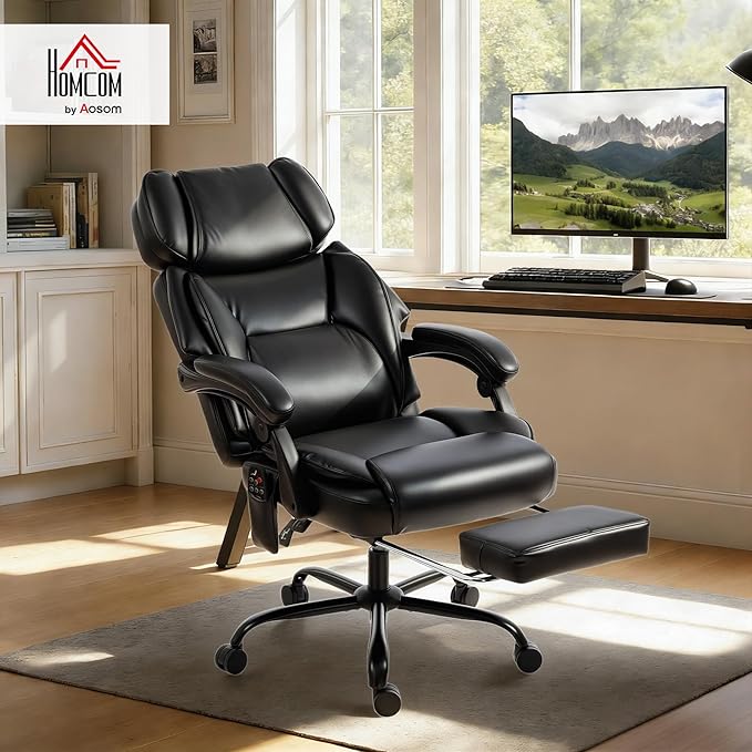 HOMCOM Massage Office Chair with Lumbar Heat, Ergonomic Executive Desk Chair with Adjustable Headrest, 6 Points Vibration, High Back, Reclining, Padded Armrests, Footrest, PU Leather, Black