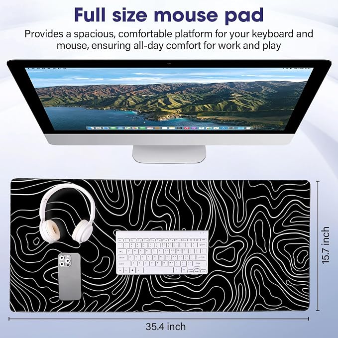 Large Extended Mouse Pad with Stitched Edges 35.4"x15.7" - Waterproof Desk Mat, Non-Slip Rubber Base for All-Desk Coverage, Perfect for Gaming Office Home, Black White
