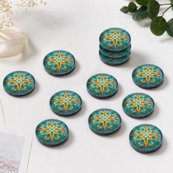 12 Pack Stained Glass Nautical Compass Fridge Magnets | Round Crystal Glass Decorative Whiteboard Refrigerator Magnet for Kitchen Classroom Office