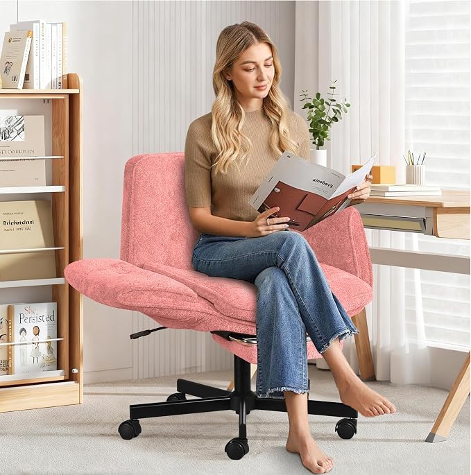 Criss Cross Chair with Footrest & 5 Level Folding Arms Full Relaxation, Wide Cross Legged Office Chair for Home Office, Comfy Swivel Desk Chair with Ottoman, Chenille Vanity Chair (Pink)