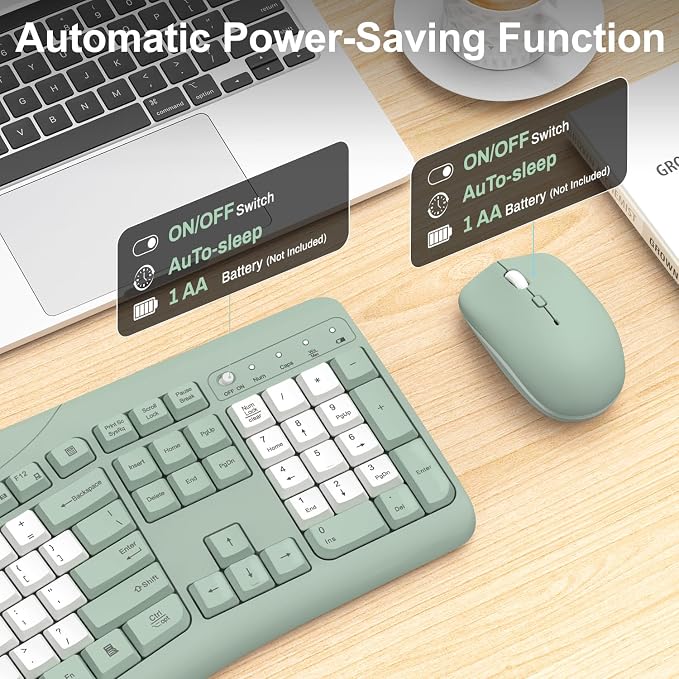 Wireless Keyboard and Mouse Combo, 2.4G Quiet Ergonomic Curved Keys (Green-B)