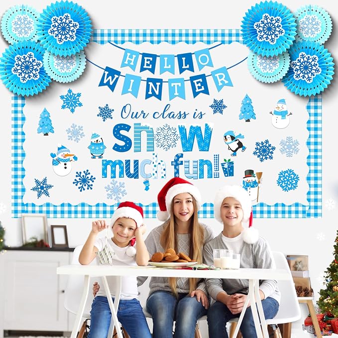 79 Pcs Winter Bulletin Board Set with 3D Paper Fans | Winter Classroom Decorations, Hello Winter Snowman Snowflake Xmas Tree Cutouts, Winter Christmas Holiday School Home Decor
