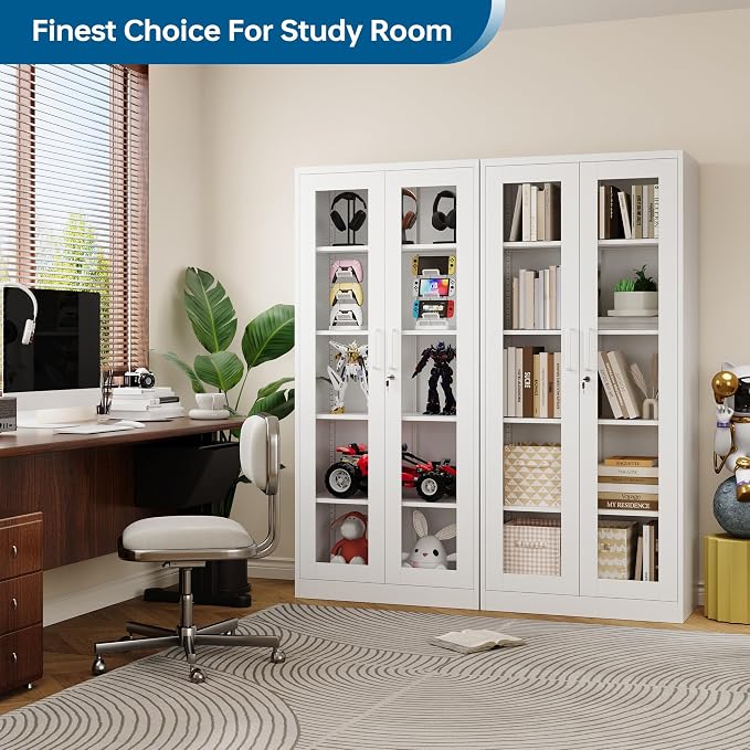 PEUKC Display Cabinet with Glass Doors, 71 Inches Metal Display Case with 4 Adjustable Shelves, Curio Storage Cabinet with Lock for Home, Office, Book, Pantry, Assemble Required (White)