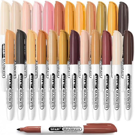SFAIH 24 Skin Tone Permanent Markers - Assorted Portrait Colors, Fine Tip Alcohol-Based Marker for Portrait, Figure, Animals, Trees Painting, Coloring Book, Decorate Wood, Quick Drying, Fade Resistant