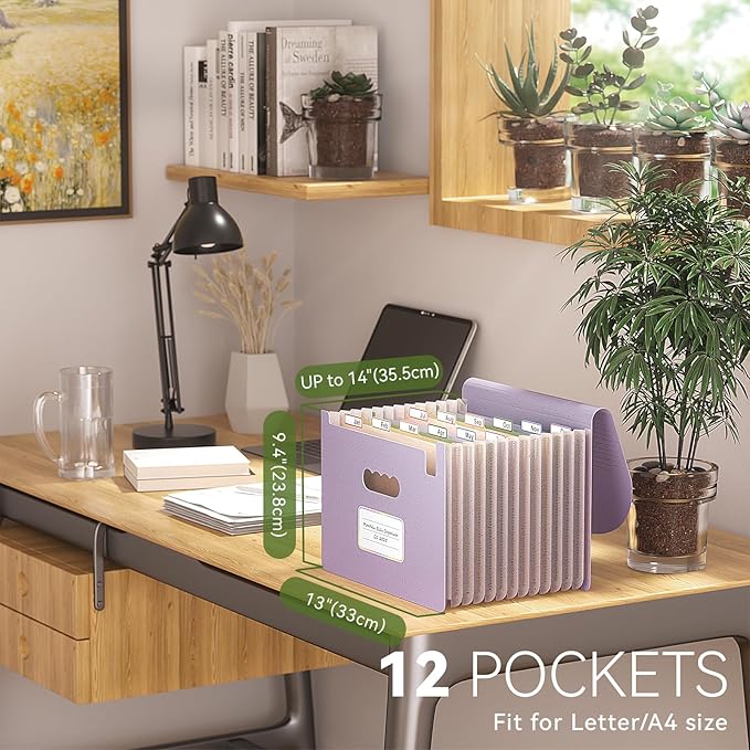 Accordion File Organizer, 12-Pocket Wheat Straw Expanding File Folder, Portable Monthly Bill & Tax Receipt Organizer, Letter/A4 Size Document Holder with Colorful Tabs-Lavender Purple