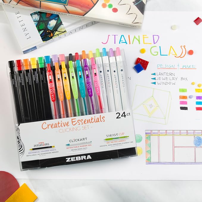 Zebra Pen Creative Set, Zensations, CLiCKART & SARASA Clip, Assorted, 24-Pk | Includes 8 Colored Pencils, 8 CLiCKART Markers and 8 SARASA Clip Retractable Gel Pens, Ideal for Bullet Journaling (76124)