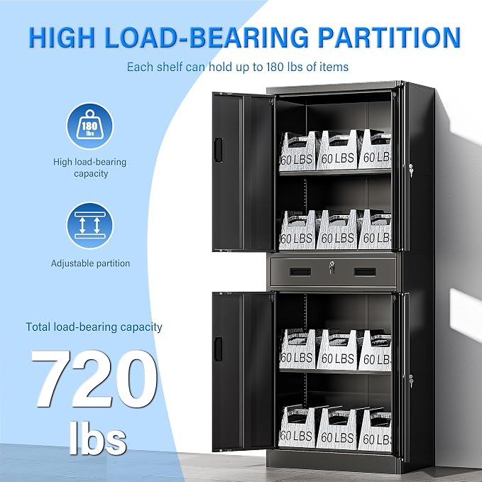 BESFUR Metal Storage Cabinet with 1 Drawer and Adjustable Shelves, 71" H Reinforced Heavy Duty Locking Storage Cabinet for Office, Garage, Home, School, Utility(Black)