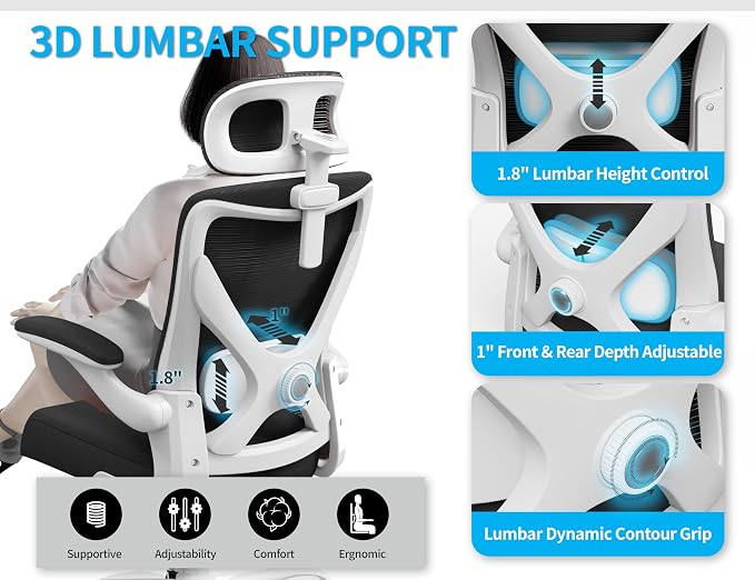 Ergonomic Office Chair: Mesh Desk Chair Comfy with Headrest& Lumbar Support | Ergalithic Big and Tall Office Chairs with Wheels & Flip-Up Arms-Computer Gaming Chairs for Adults Home Office (White Black)