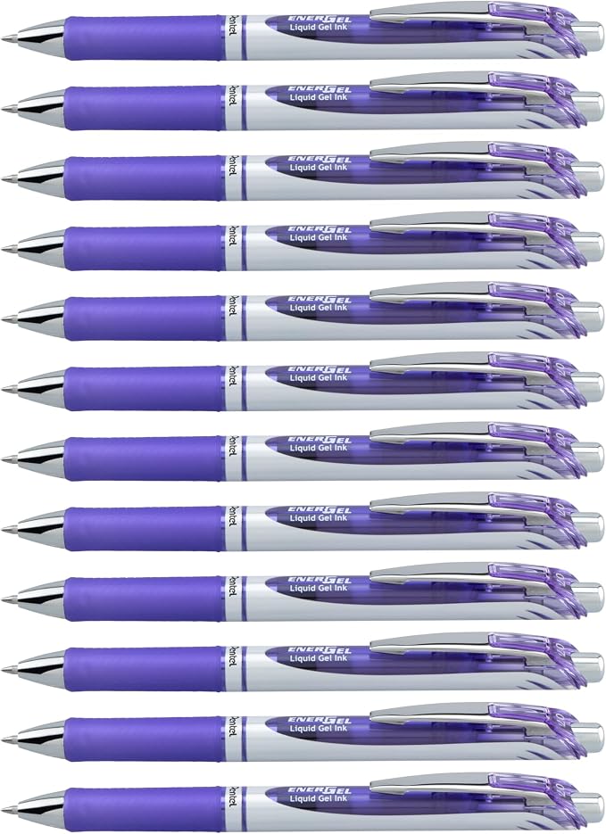 Pentel EnerGel RTX Retractable Liquid Gel Ink Pen, (0.7mm) Medium line, Lilac Ink, Box of 12 Pens (BL77-V3)