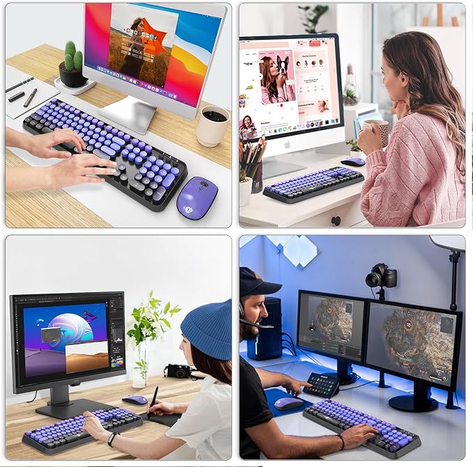 Wireless Keyboard and Mouse Combo, 104 Keys Full-Sized 2.4 GHz Round Keycap Colorful Keyboards, USB Receiver Plug and Play, for Windows, Mac, PC, Laptop, Desktop (GradientPurple)