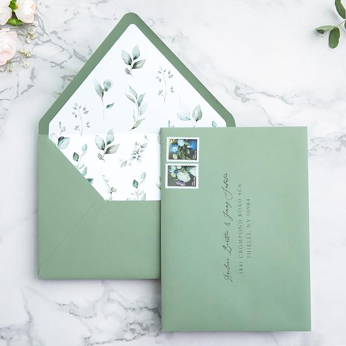 PONATIA 50PCS A7 Euro Flap Envelopes, 5.25 x 7.25'' Liner Envelope For 5x7'' Weddings Invitation Cards, Christmas Gift Cards, Acrylic Invitations, Photos (Sage Green & Green Leaves)