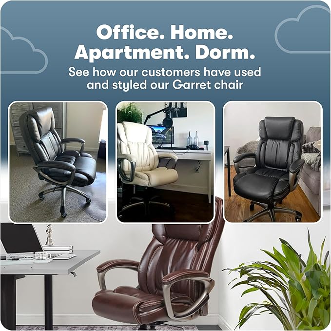 Serta Garret Executive Office Chair, Ergonomic Mid-Back with Lumbar Support, Semi-Plush Cushion and Body Pillows, Padded Armrests, Swivel Base, Bonded Leather, Brown